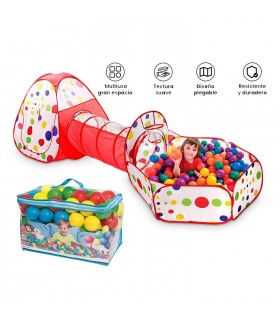 Piscina de pelotas túnel niños portátil 3 en 1 + 100 Pelotas