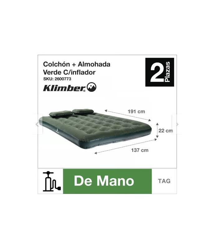 COLCHÓN INFLABLE 2 PLAZAS KLIMBER VERDE + ALMOHADAS + INFLADOR