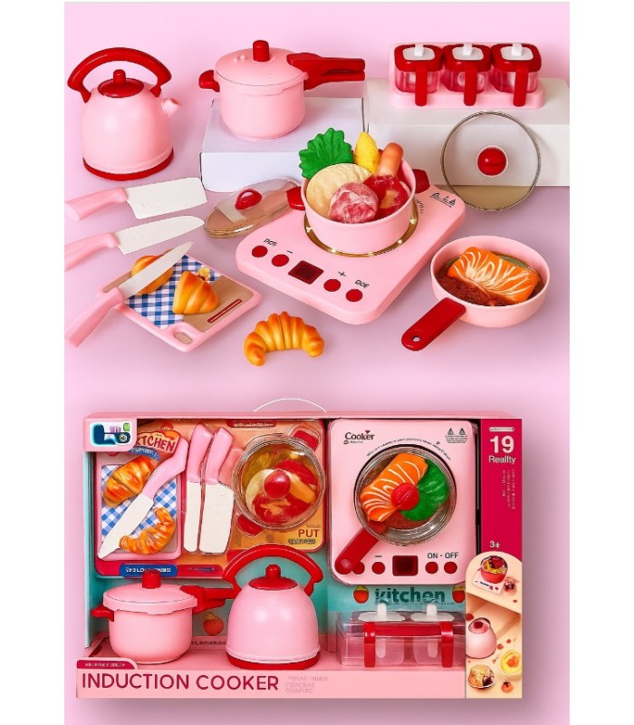 Set cocina rosa con sonido 19 piezas induction cooker
