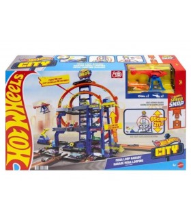 Garaje Con MEGAlooping De Hot Wheels Con 1 Coche De Juguete Metálico Y 1 Helicóptero De Juguete A Escala 1:64