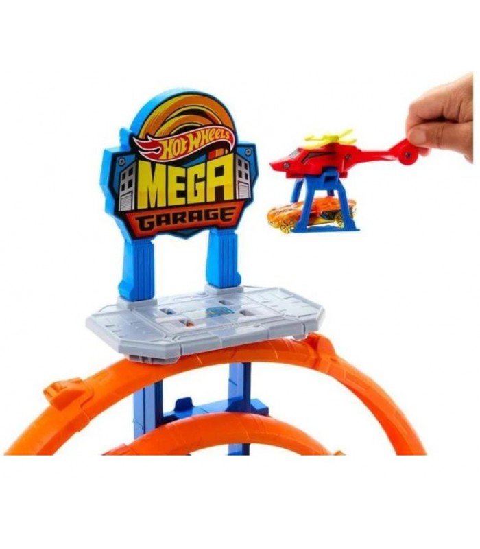 Garaje Con MEGAlooping De Hot Wheels Con 1 Coche De Juguete Metálico Y 1 Helicóptero De Juguete A Escala 1:64